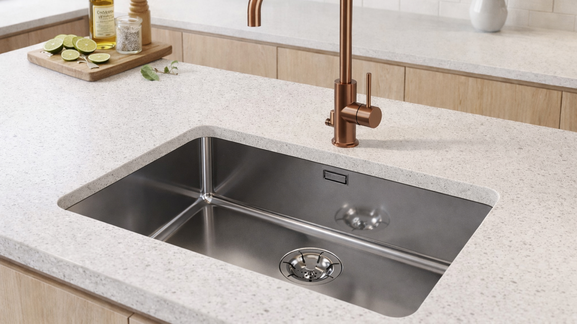 ONE-70 undermounted in a light-colored worktop